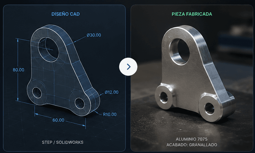 Comparación entre el diseño CAD de una pieza y la misma pieza fabricada en aluminio
